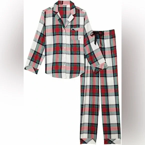 Victoria's Secret Flannel PJ Pajama Set White Red Green Plaid Size Small - Picture 2 of 16